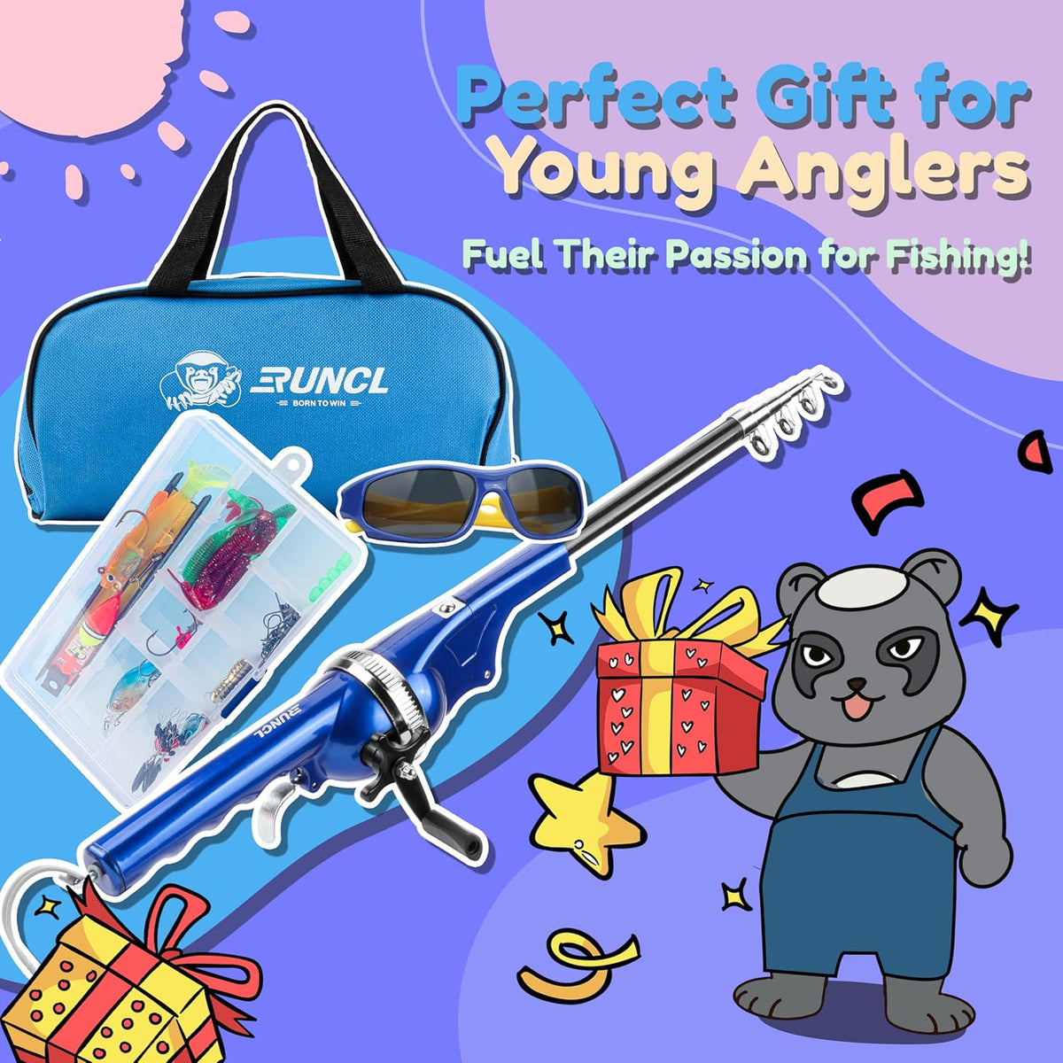 RUNCL Kids Fishing Pole - Portable Folding Fishing Rod and Reel Combo Kit with Spincast Fishing Reel, Kids Sunglasses, Tackle Box, Travel Bag, Gift for Youth