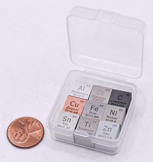 0.39" 10mm 9 Pack Element Cube Set Engraved Density Up to 99.99% Pure Metal Cubes Periodic Table Science Education Collection - Aluminium Bismuth Carbon Copper Iron Nickel Zinc Titanium Tin