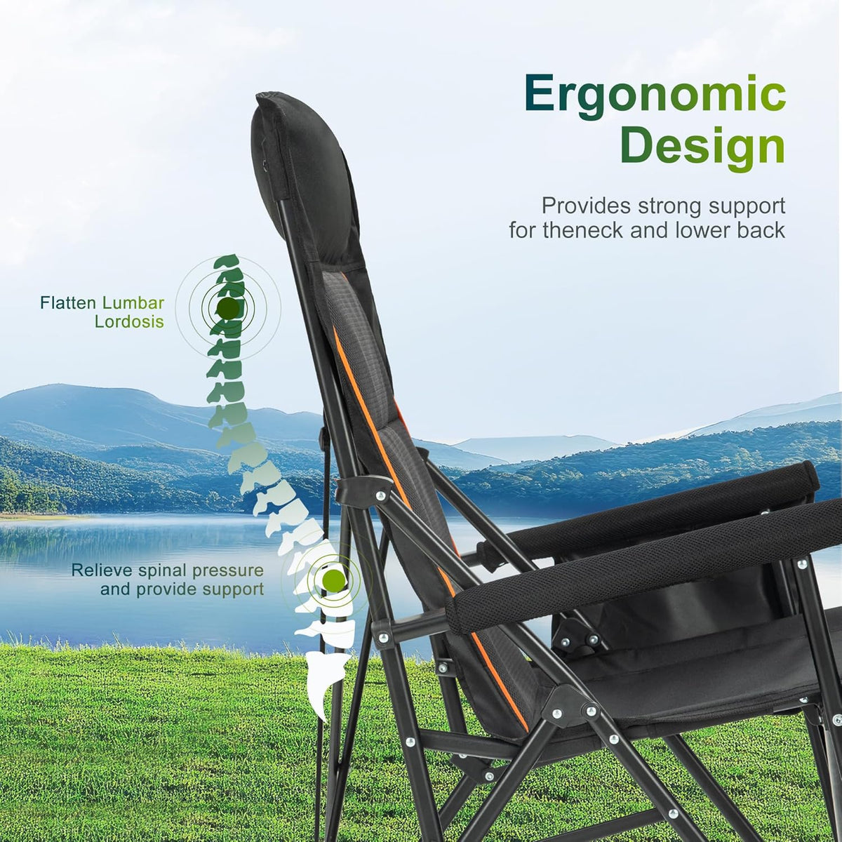ALPHA CAMP Oversized Folding Camping Chairs for Adults High Backrest Heavy Duty Lawn Chairs Support 500 LBS Portable Camp Chairs with Cup Holders Large Side Pocket Outdoor Chair 2 Pack