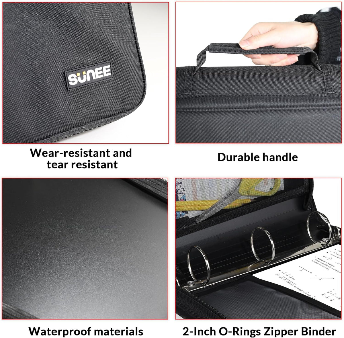 SUNEE Zippered Binder Bag with Handle, 2-Inch 3-Ring O-Ring, 500-Sheet Capacity, Includes Zip Pocket, 5-Tab Expanding File Folder, Multi-Pocket Organizer Binder Suitable for Middle School, Black