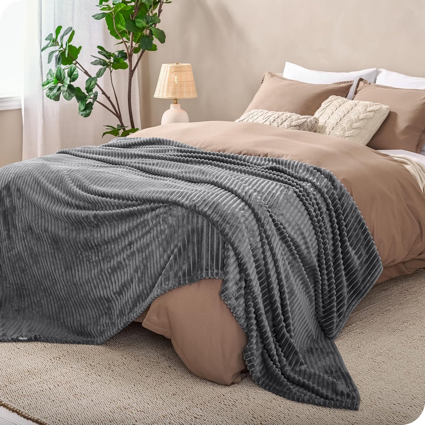 Bare Home Textured Fleece Blanket - King Size - Ultra-Soft Lightweight for Bed, Sofa, and Couch - Luxury Microplush - Cozy Warm Blanket (King, Ribbed Grey)