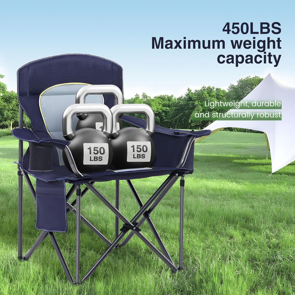 HIGH POINT SPORTS Oversized Camping Folding Chair, Heavy Duty Portable Outdoor Chair, Foldable Camp Chair with Cup Holder and Cooler Bag Support 450 LBS, 2 Pack, Dark Blue