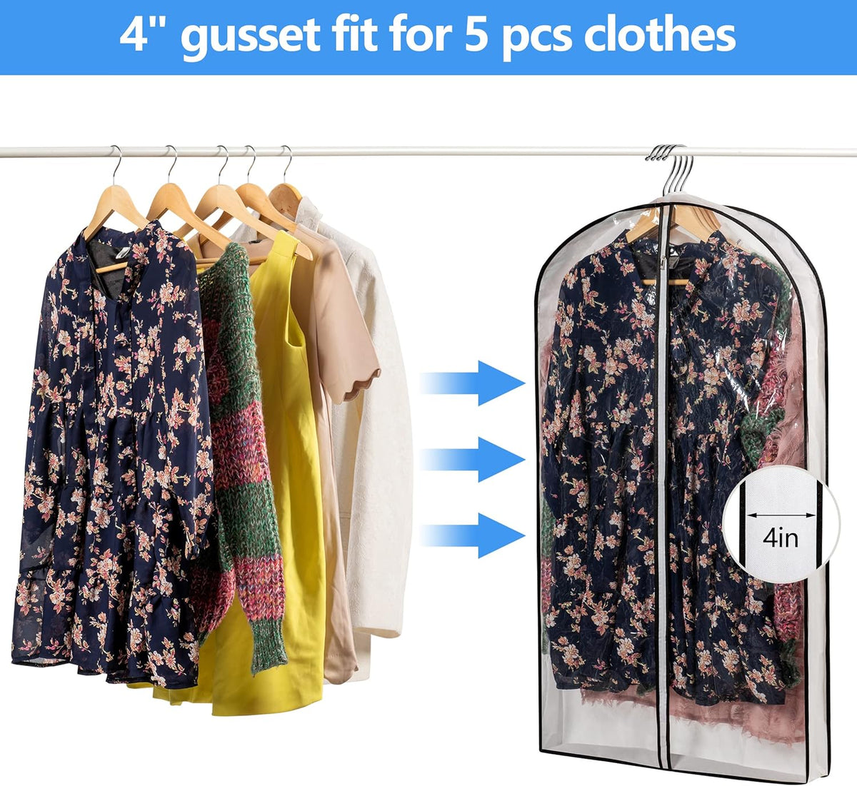 Hanging Clothes Storage with 4" Gusseted Garment Covers (Set of 6) - Clear Suit, Dress, Sweater, Shirt Protectors - 24"x 40"x 4" / 6 Pack