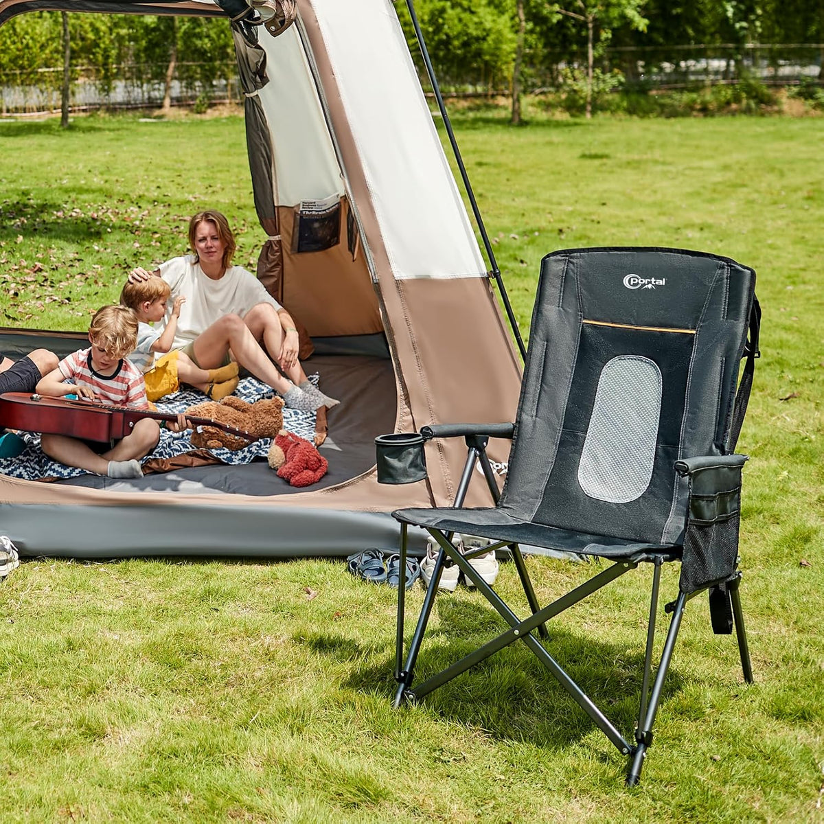 PORTAL Oversized Folding Camping Chair High Back Portable Lawn Chairs for Adults Outdoor Sports with Hard Armrest Cup Holder，Supports 400LBS Black