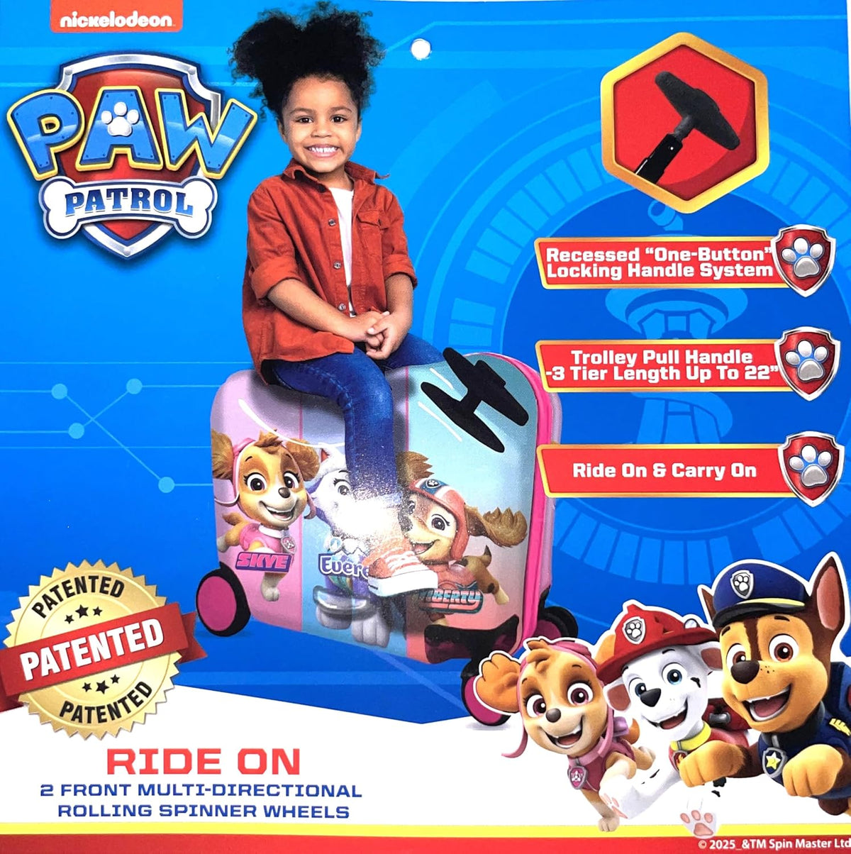 Fast Forward Ride-On 18" Suitcase For Kids/Tow-Along Toddler Carry-On Luggage With Wheels (Paw Patrol-Girls)