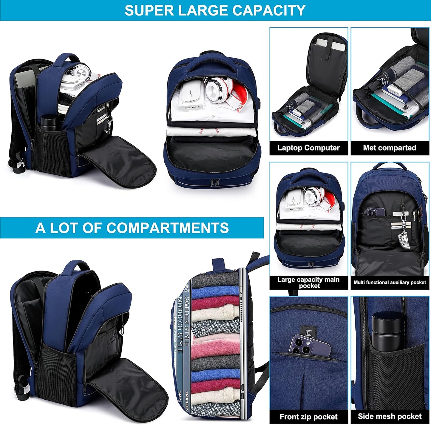 Backpack,Travel Backpack,School Backpack, 17.3 Inch Business Laptop Backpack with USB Charging Port,TSA Water Resistant College Bookbag Gifts for Men Women Boys Teen,Blue