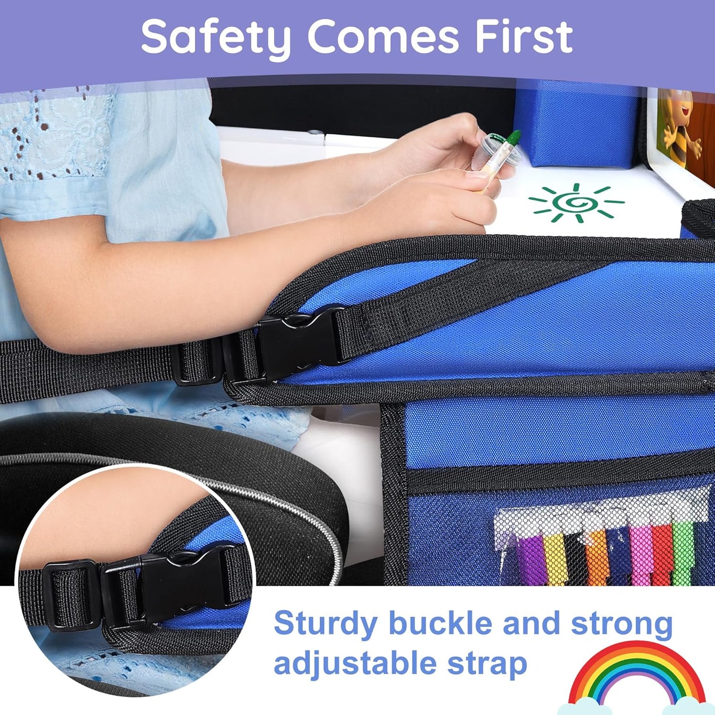 Kids Travel Tray, Kids Travel Trays for Car Seat, Road Trip Essentials for Toddler, Carseat Lap Tray with Dry Erase Board & Storage Organizer for Road Trip Activities for Kid, Blue