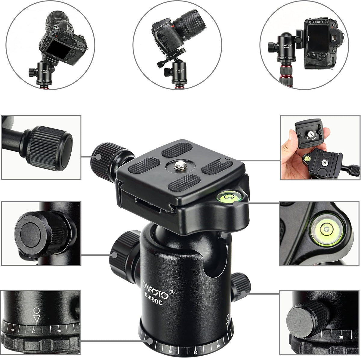 BONFOTO B690C Lightweight Carbon Fiber Portable Tripod Compact Travel Camera Tripod Monopod with 360 Degree Ball Head,1/4" Quick Release Plate and Carry Bag for DSLR Cameras