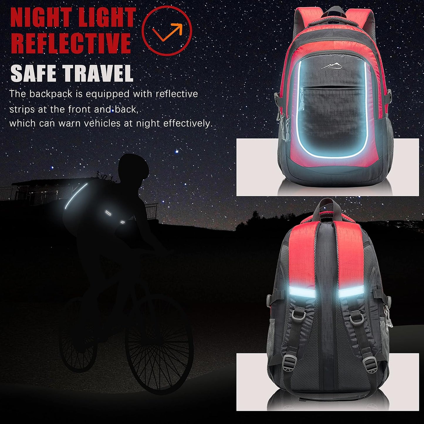 ProEtrade Backpack Bookbag for College Sturdy Travel Business Hiking Fit Laptop Up to 15.6 Inch Multi Compartment Gifts for Men Women Night Light Reflective (red)