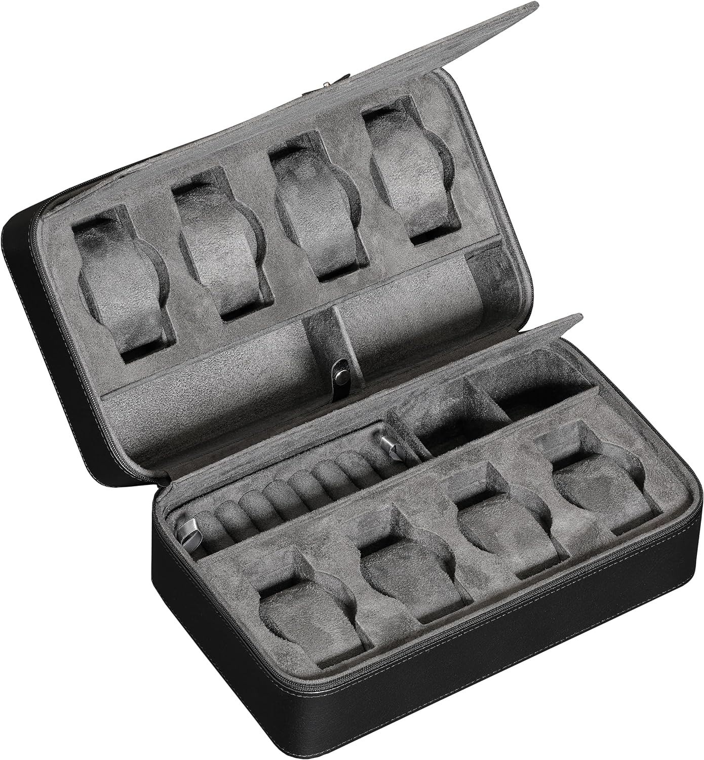 ROTHWELL 8 Watch Travel Case Storage Organizer for 8 Watches, Sunglasses, Rings & Cufflinks |Tough Portable Protection with Zipper Fits Most Wristwatches & Smart Watches Up to 50mm (Black/Grey)