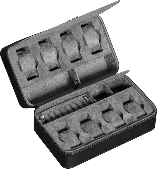 ROTHWELL 8 Watch Travel Case Storage Organizer for 8 Watches, Sunglasses, Rings & Cufflinks |Tough Portable Protection with Zipper Fits Most Wristwatches & Smart Watches Up to 50mm (Black/Grey)
