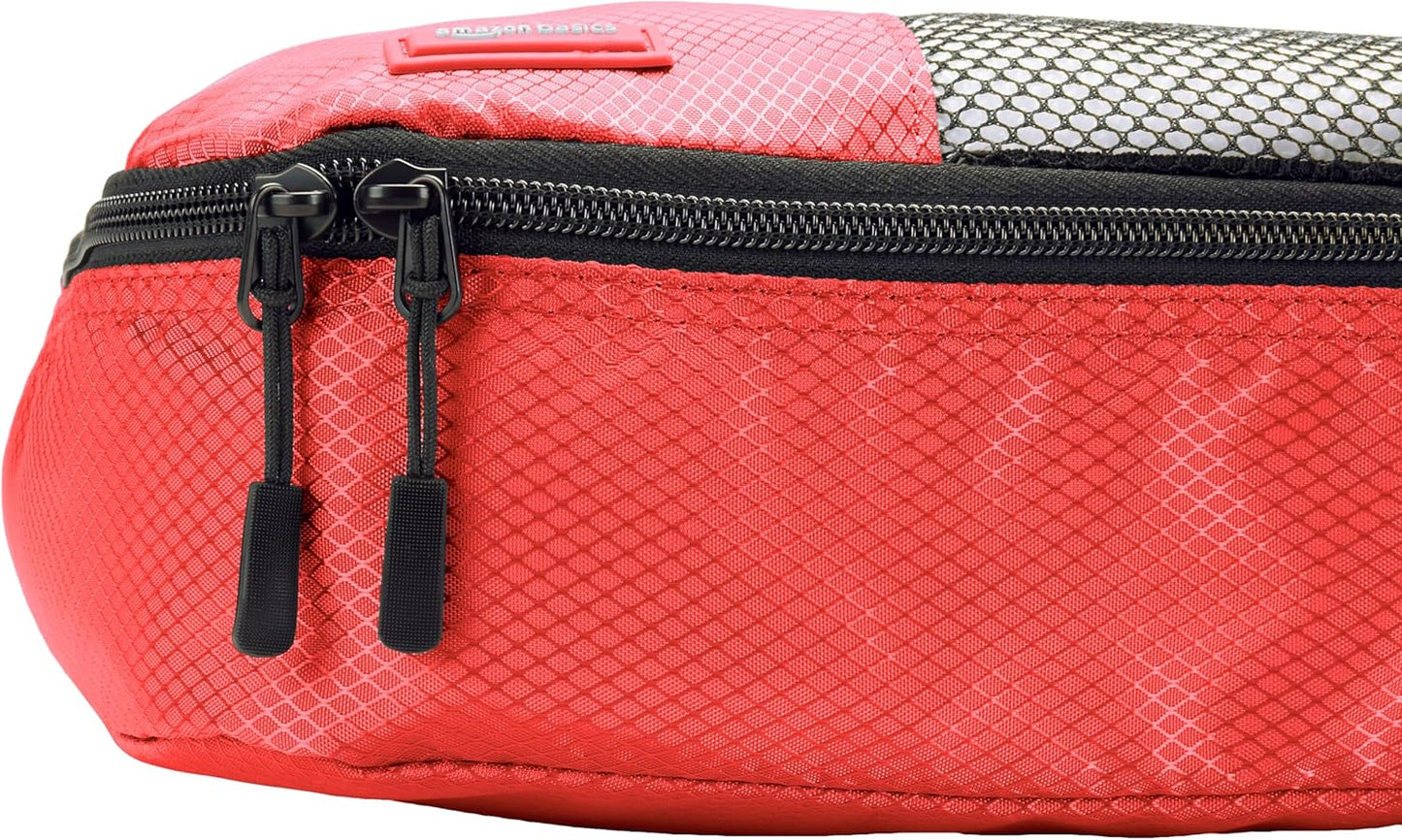 Amazon Basics Packing Cubes for Travel, Packing Organizers Set, 4-Piece-Set (2 Medium And 2 Large) With Double Zipper Pulls and Mesh Top Panel, 100% Durable Polyester, Red