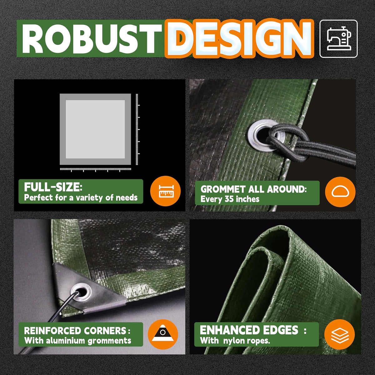 8x8 Feet Tarp Waterproof,9Mil Thick,Finished Size Tarps,UV Resistant,Durable,Multipurpose Poly Tarp Cover with Metal Grommets and Reinforced Edges,Green/Black by RAINDEWAY