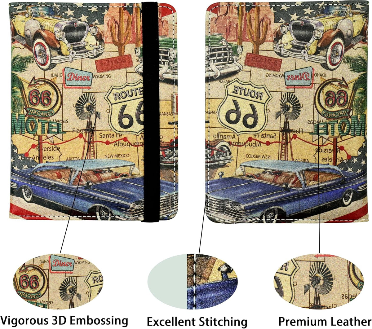 Passport Holder for Women and Men PU Leather Passport Cover for Travel (American Vintage Route 66)