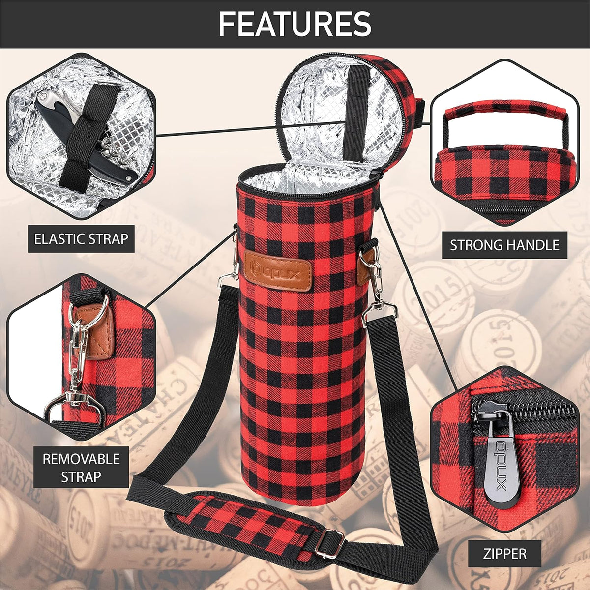 opux Wine Bag Single Bottle Carrier Tote, Insulated Wine Cooler Bag for Travel Picnic Beach with Shoulder Strap, Thermal One Bottle Holder Carrying Case Wine Gift for Women Men, Plaid Buffalo Red