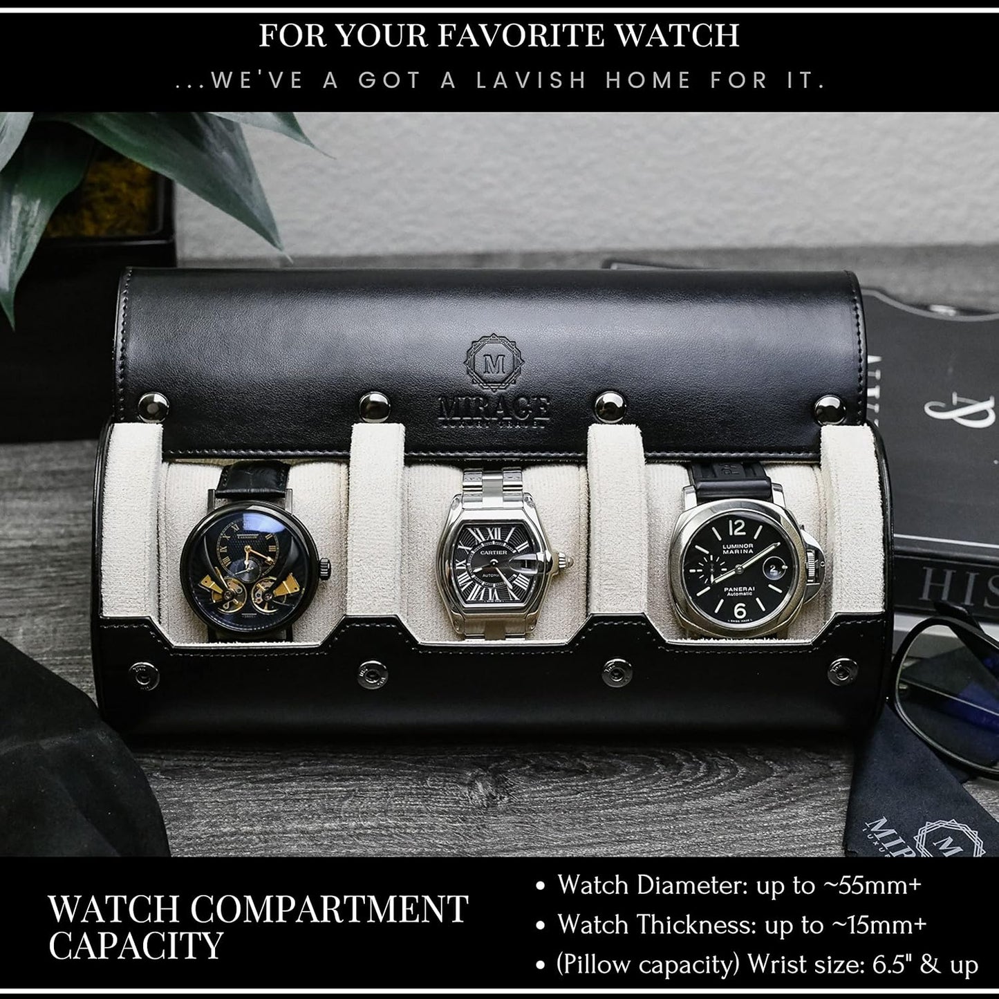 Watch Roll Cases for Men - Watch Travel Case - Storage and Display 3 slots - Jade Black/Ivory White interior Vegan Leather