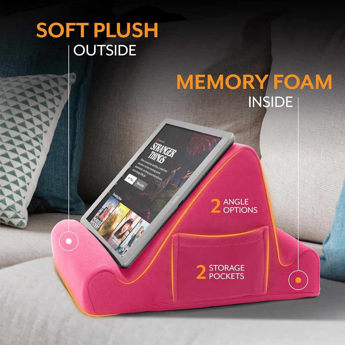 Brookstone, Memory Foam Lap Desk Tablet Holder, Holds Phones, iPads, E-Book Readers, 2 Viewing Angles, 2 Side Pockets for Accessories, Book Holder Cushion, Perfect Home, Car Travel, Flights, Pink