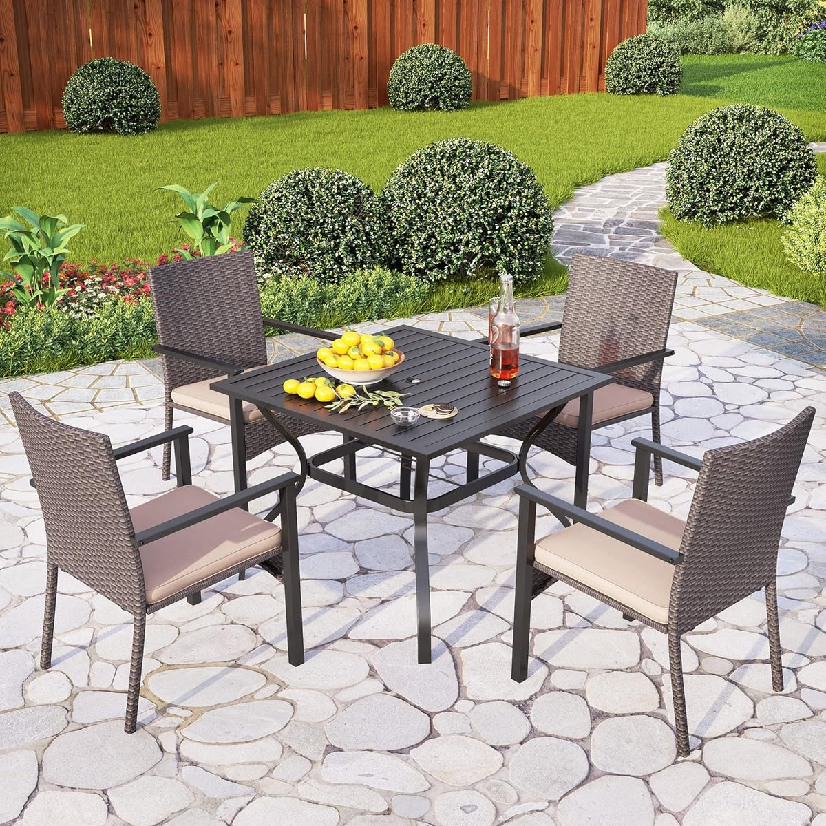 PHI VILLA Outdoor Wicker Chairs Set of 2, Rattan Covered Metal Armchairs with Removable Cushion, Heavy Duty Furniture Set for Patio, Deck, Porch, Yard