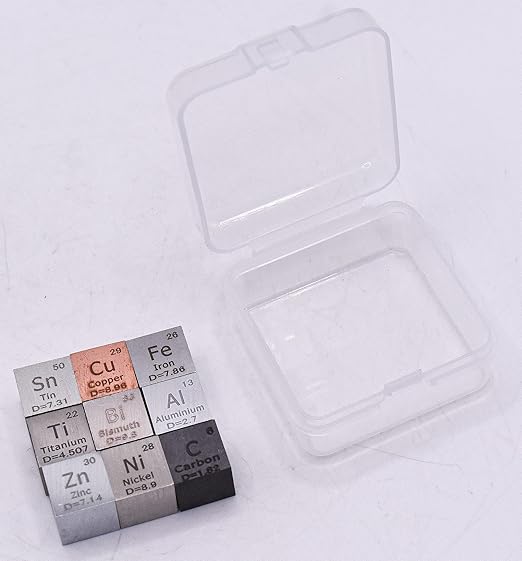 0.39" 10mm 9 Pack Element Cube Set Engraved Density Up to 99.99% Pure Metal Cubes Periodic Table Science Education Collection - Aluminium Bismuth Carbon Copper Iron Nickel Zinc Titanium Tin