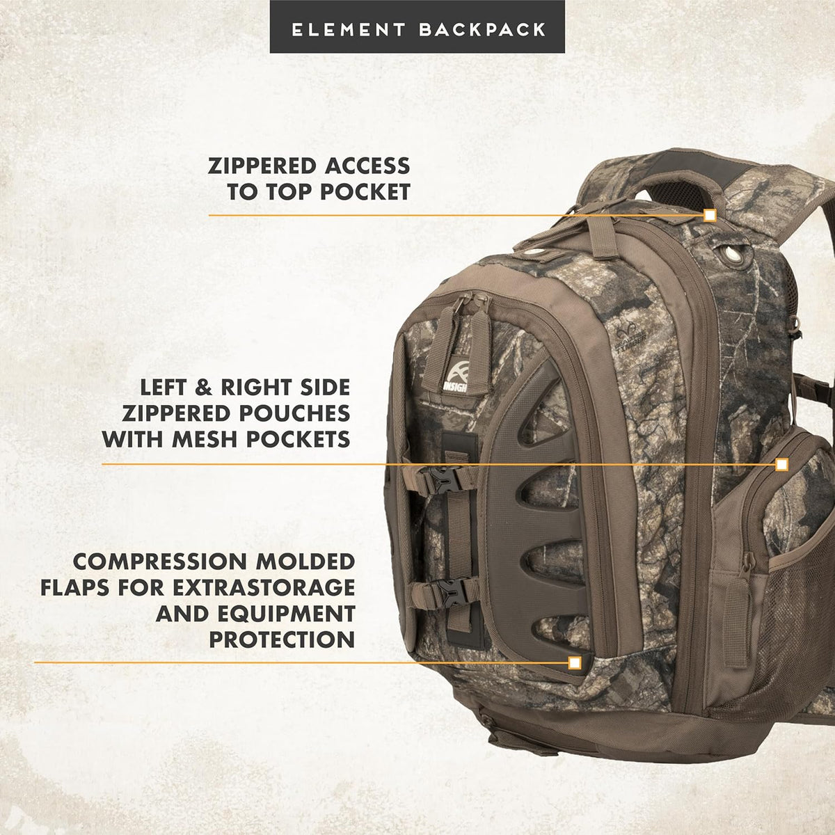 Insights Hunting by frogg toggs - The Element, Heavy Duty 1,831 Cubic Inch Hiking Fishing Camping Hunting Backpack, Realtree Timber