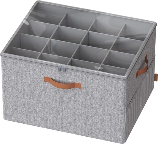 SONGMICS Shoe Organizer for Closet, Shoe Storage Bin, Fits 16 Pairs, Fabric Container with Handles and Clear Cover, Adjustable Dividers, Customizable, Dove Gray ULSP555G01