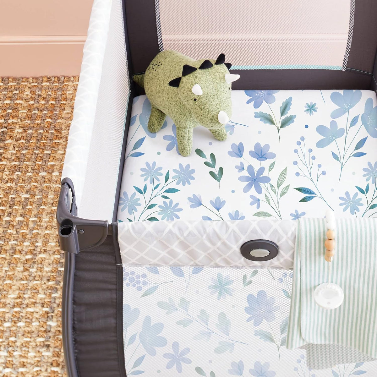 TotAha Premium Stretchy Pack N Play Playard Sheets | Mini Crib Sheets (2-Pack)-Hypoallergenic, Silky Comfort, AButtery Soft, Calming Effect, All-Season Jersey-Knit (Blue Flower & Small Floral)
