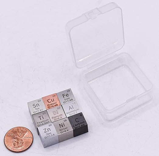 0.39" 10mm 9 Pack Element Cube Set Engraved Density Up to 99.99% Pure Metal Cubes Periodic Table Science Education Collection - Aluminium Bismuth Carbon Copper Iron Nickel Zinc Titanium Tin