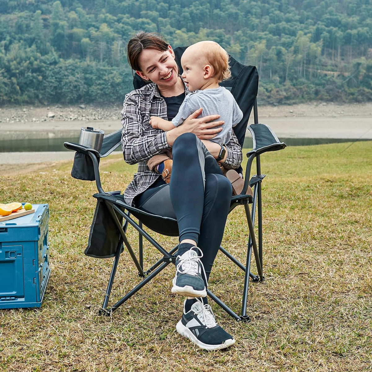 EVER ADVANCED Folding Camping Chair for Outside with High Back Padded Oversized Lawn Chairs Folding Lightweight Sturdy Steel Portable Outdoor Camp Chair for Adults