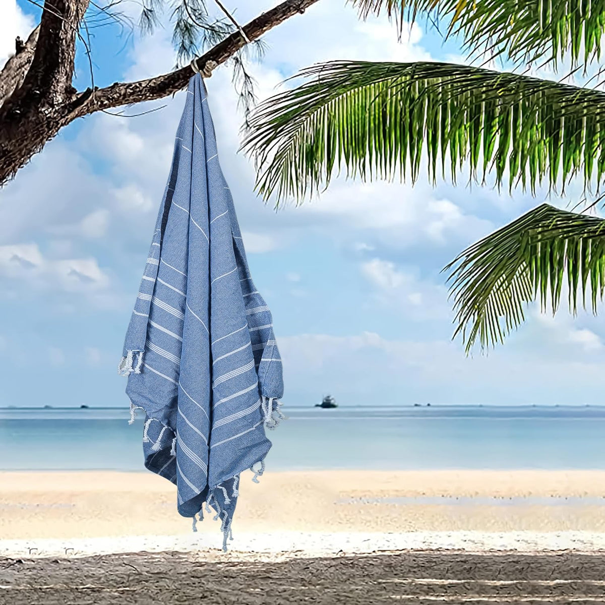 HILLFAIR Cotton Turkish Beach Towels, Quick Dry Lightweight Sand Free Peshtemal Towel for Bath Swim Yoga Spa Travel, Beach Accessories, Oversized Cotton Turkish Towels (39 x 72 inch- 4 Pack Blue)