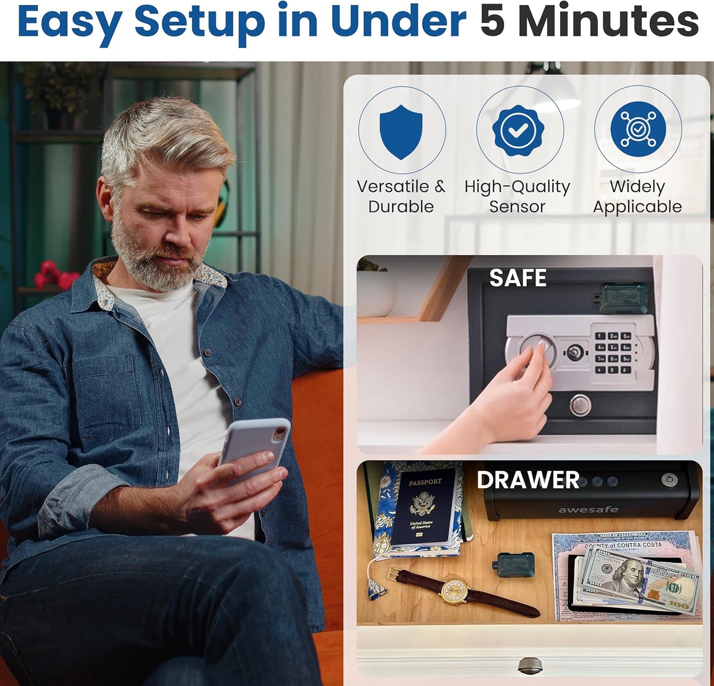 Kini SafeAlert WiFi Motion Sensor Alarm | Real-Time SMS Notification | Wireless Motion Detector for Safes, Cabinets, Home, Apartments, Office | Easy Install, No Subscription, Rechargeable Battery