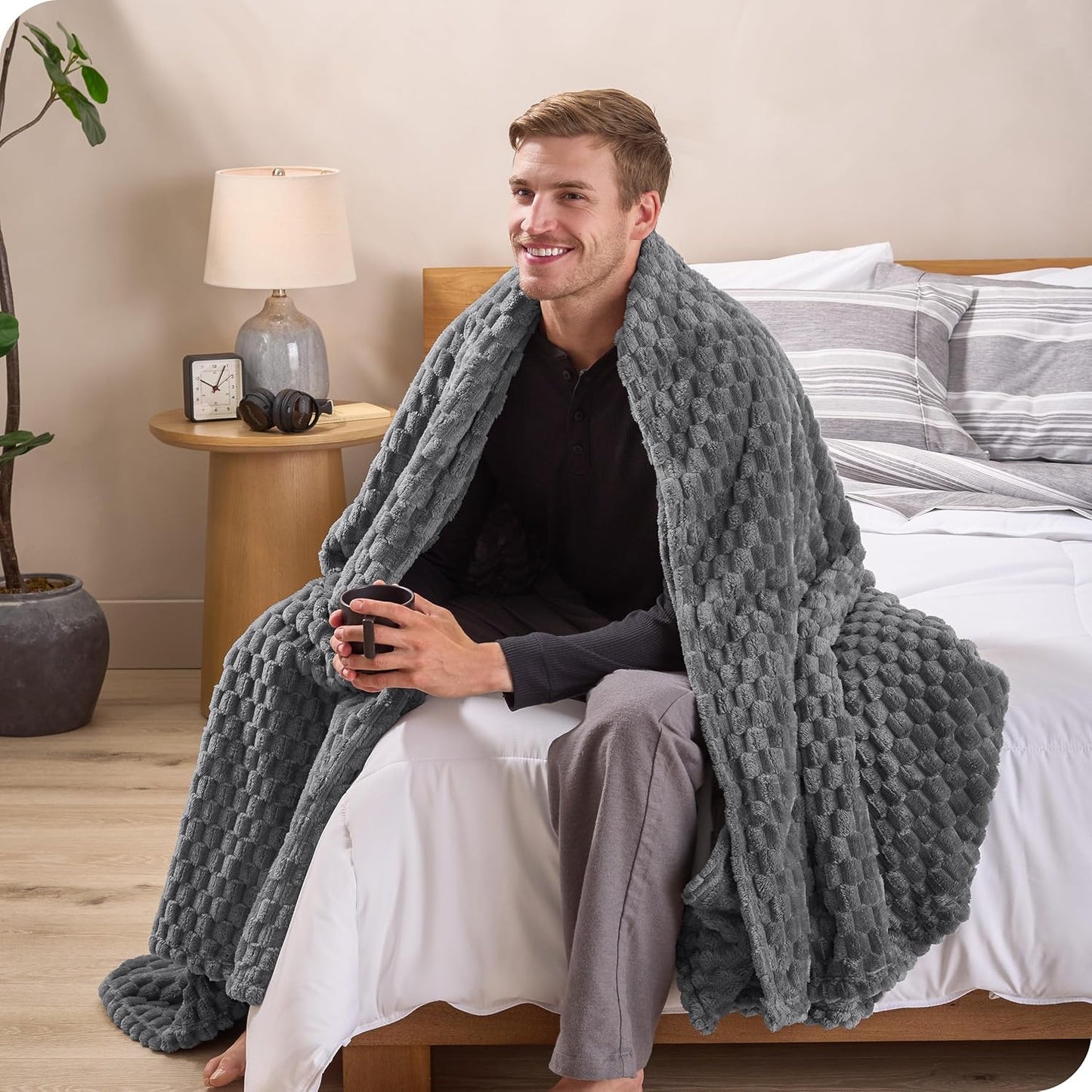 Bare Home Textured Fleece Blanket - King Size - Ultra-Soft Lightweight for Bed, Sofa, and Couch - Luxury Microplush - Cozy Warm Blanket (King, Waffle Grey)