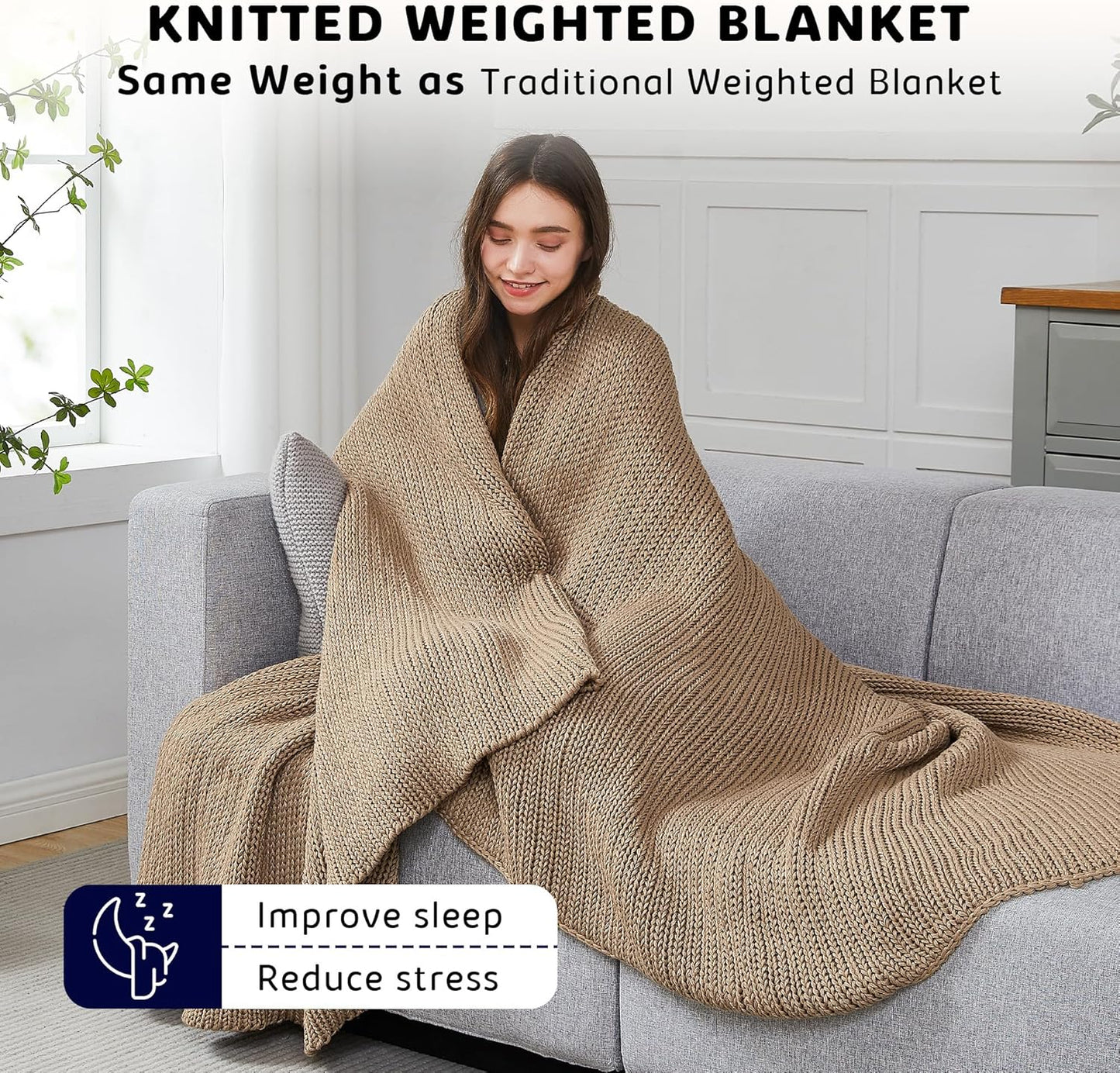 L'AGRATY Knitted Weighted Blanket - 60"x80" 15lbs Cooling Chunky Knit Heavy Blanket for Adults Braided Crochet Throw Thick Cable Yarn Knit Decorative No Beads Evenly Weighted Machine Washable