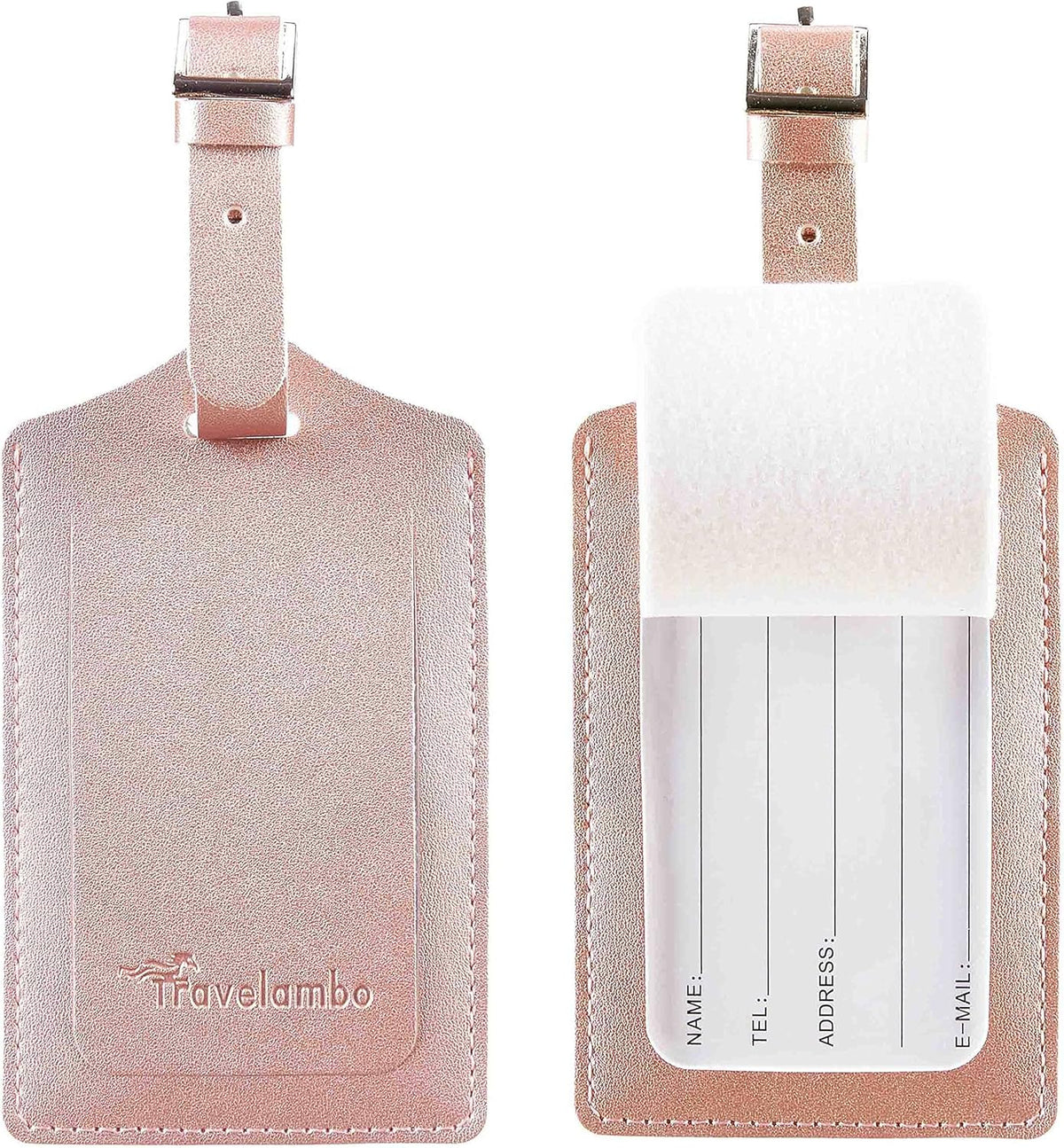 Travelambo Luggage Tags for Suitcases Faux Leather Privacy Protection 2 Pack Bag Tags Travel Accessories Essential, Rose Gold