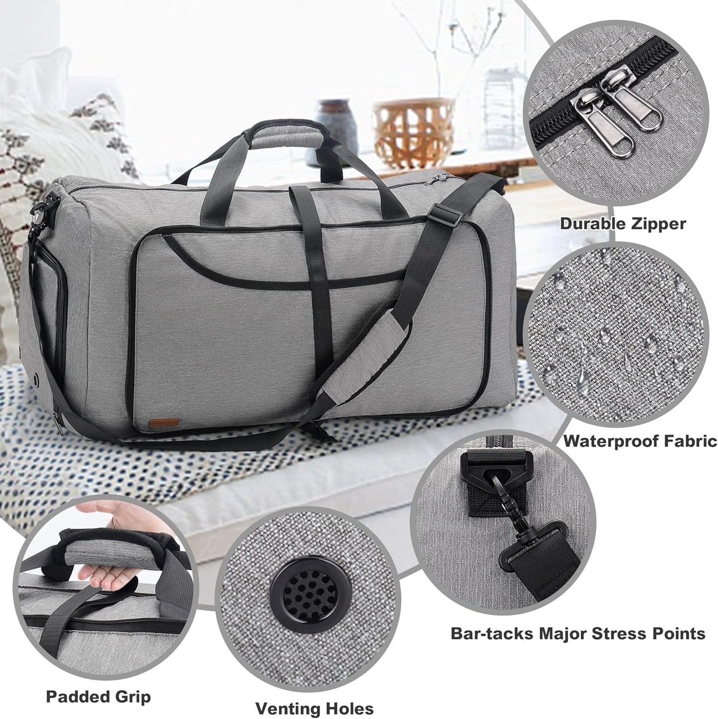 120L Duffle Bag for Travel, Large Foldable Waterproof Travel Duffel Bags Weekender Overnight Bag for Men and Women with Shoe Compartment (Gray)