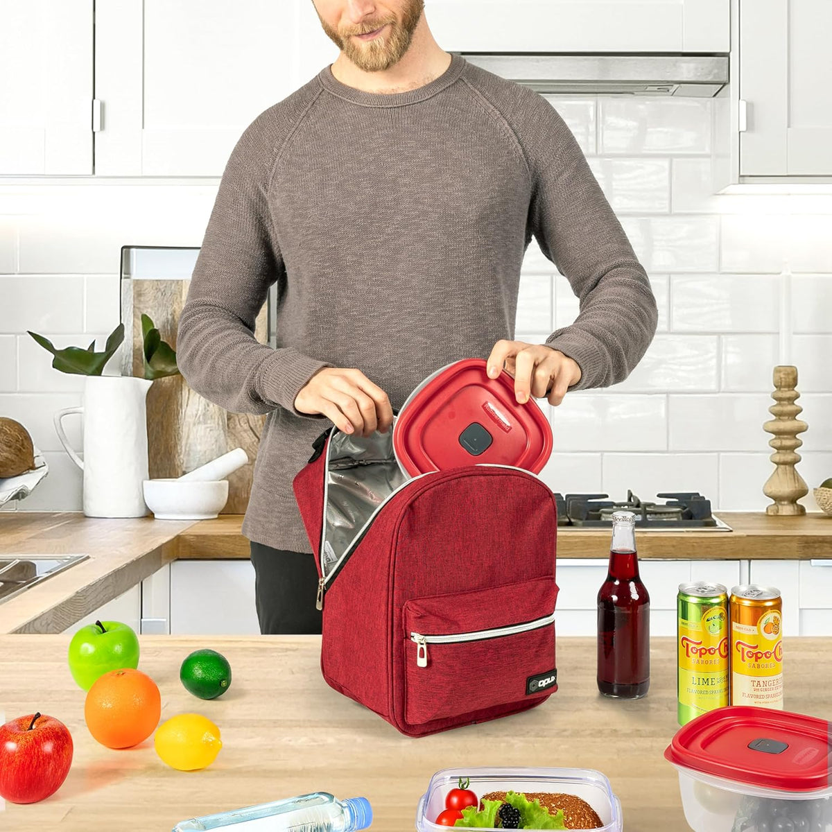 opux Lunch Box for Girls Boys Kids, Insulated Leakproof Lunch Bag, Reusable Teen Lunch Boxes for School, Medium Large lunchbox for Women Men Adult for Work with Front Back Pocket (Red)