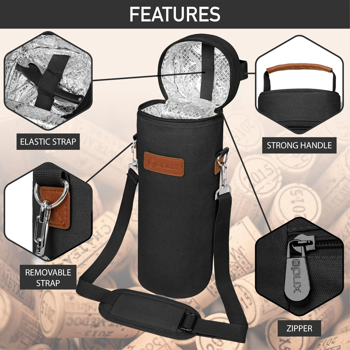 opux Wine Bag Single Bottle Carrier Tote, Insulated Wine Cooler Bag for Travel Picnic Beach with Shoulder Strap, Thermal One Bottle Holder Carrying Case Wine Gift for Women Men, Black