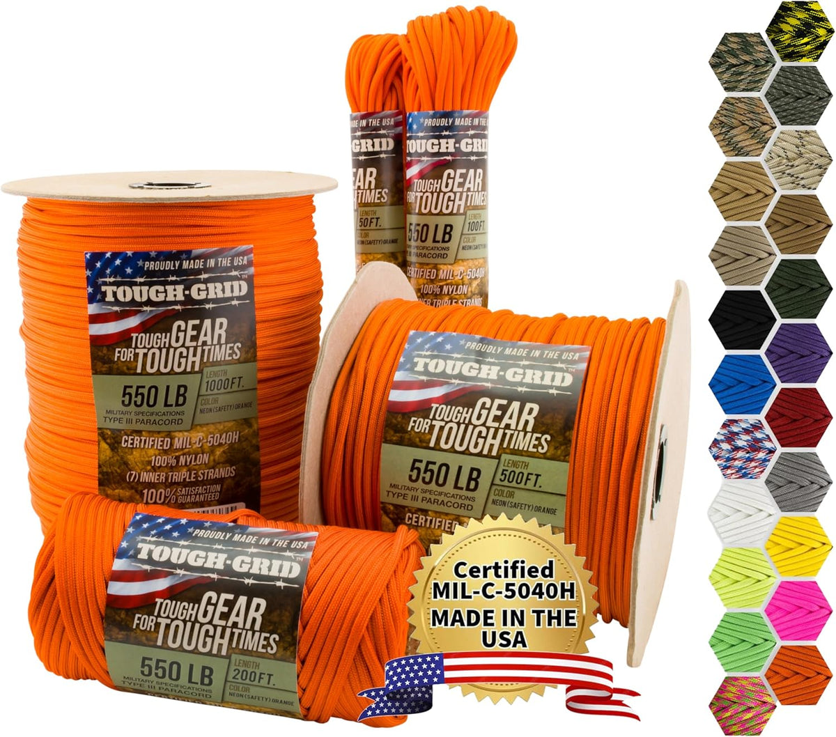 TOUGH-GRID 550 Paracord Rope Nylon Parachute Cord, Made in USA Survival Kit, Outdoor Adventures, Camping, Tactical Gear & Emergency Supplies, Military Type III Mil-Spec