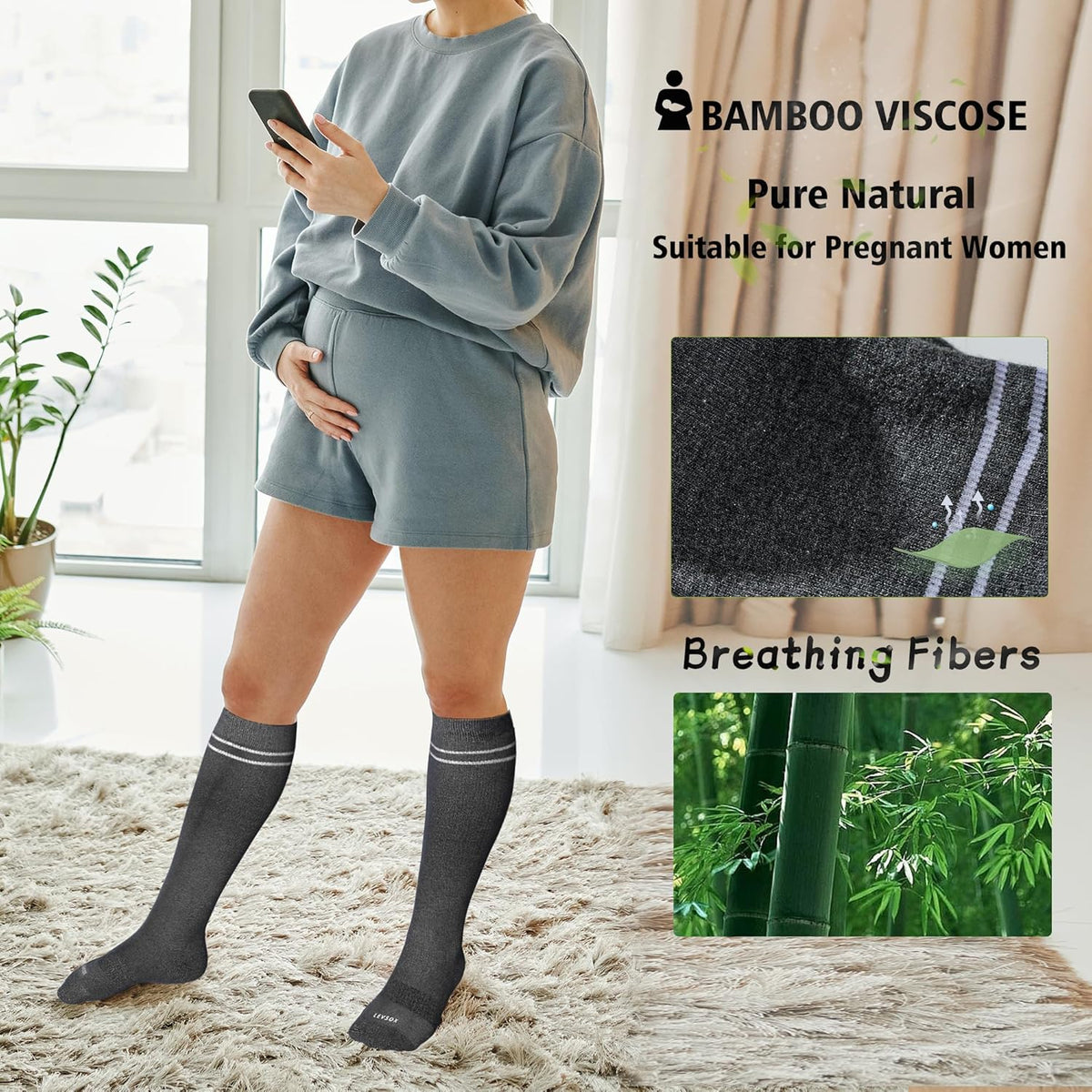 LEVSOX Viscose Made from Bamboo Compression Socks for Pregnant Women 20-30 mmHg Knee High Cute Mens Supports Socks for Travel