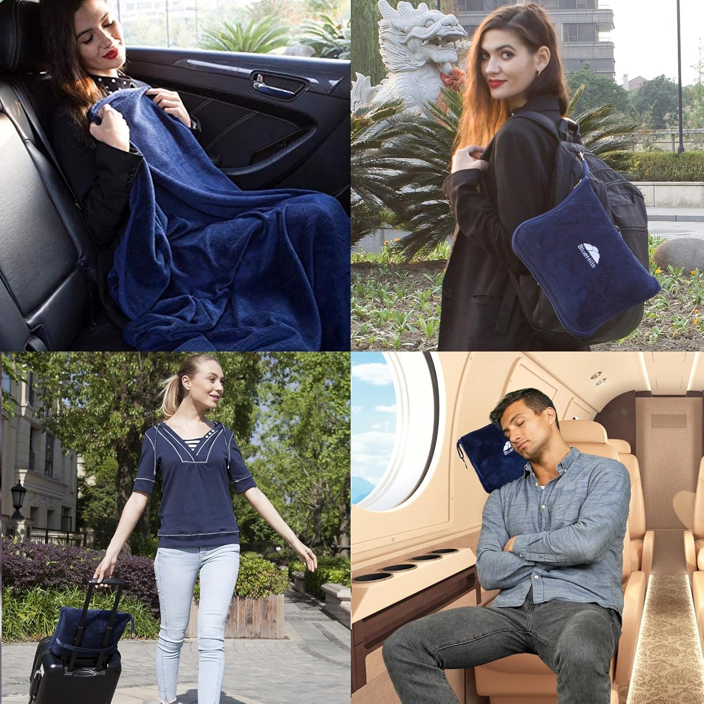 BlueHills Premium Soft Travel Blanket Pillow Airplane Blanket Packed in Soft Bag Pillowcase with Hand Luggage Belt Compact Pack Large Long Flight Essentials Portable Navy Blue T002