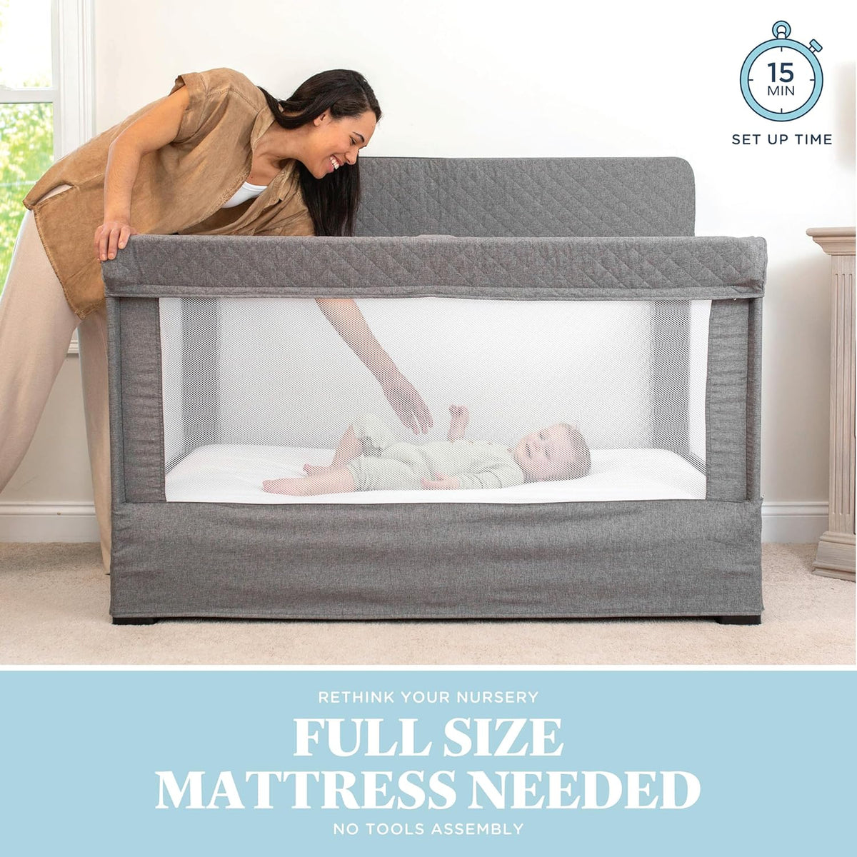 Baby Delight Lunaire Full Size Crib | Breathable Mesh Baby Crib | Tool-Free Assembly Baby Bed | Charcoal Tweed