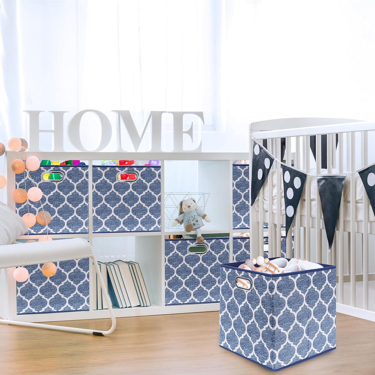 SIMPLE HOUSEWARE 13-Inch Collapsible Fabric Cube Storage Bin with Handles, Printed Design, 3 Pack, Steel Blue