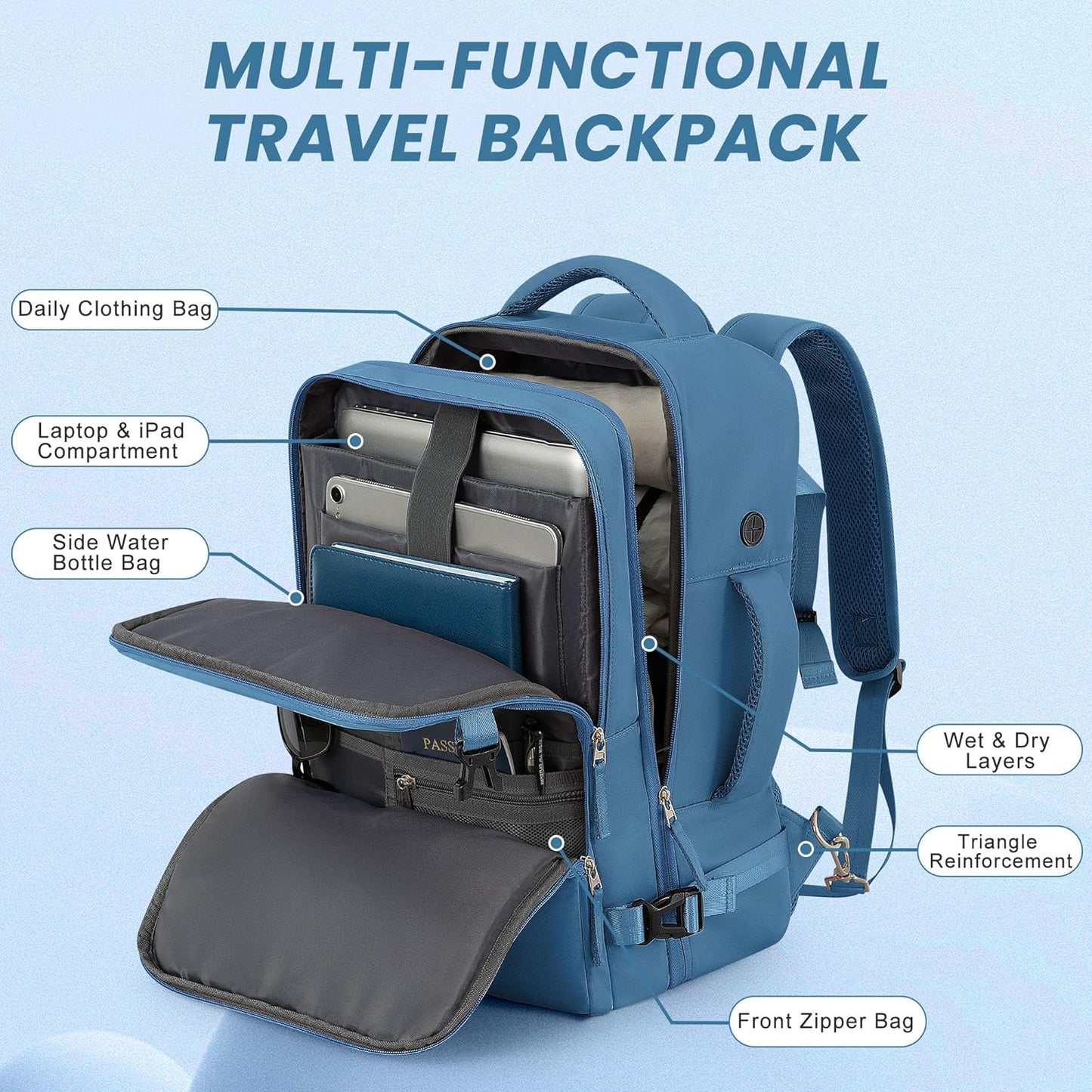 Travel Backpack, Carry on Flight Approved Backpack with Multi-Pockets, TSA Waterproof 17.3inch Laptop Backpack, Personal Item Travel Bag for Men Women, Deep Blue