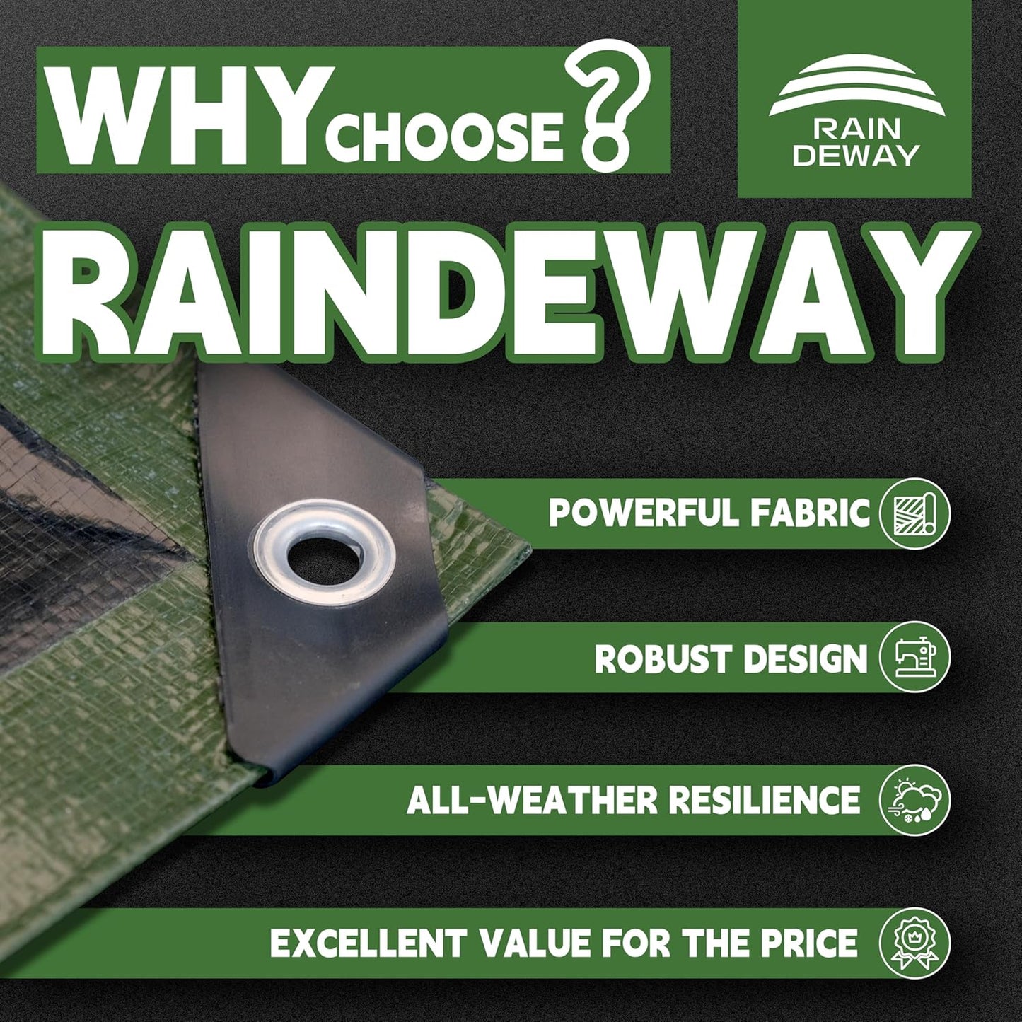 10x20 Feet Tarp Waterproof,9Mil Thick,Finished Size Tarps,UV Resistant,Durable,Multipurpose Poly Tarp Cover with Metal Grommets and Reinforced Edges,Green/Black by RAINDEWAY
