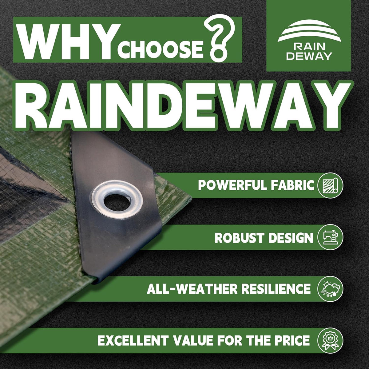 6x8 Feet Tarp Waterproof,Small Tarps,9Mil Thick,Finished Size Tarps,UV Resistant,Durable,Multipurpose Poly Tarp Cover with Metal Grommets and Reinforced Edges,Green/Black by RAINDEWAY