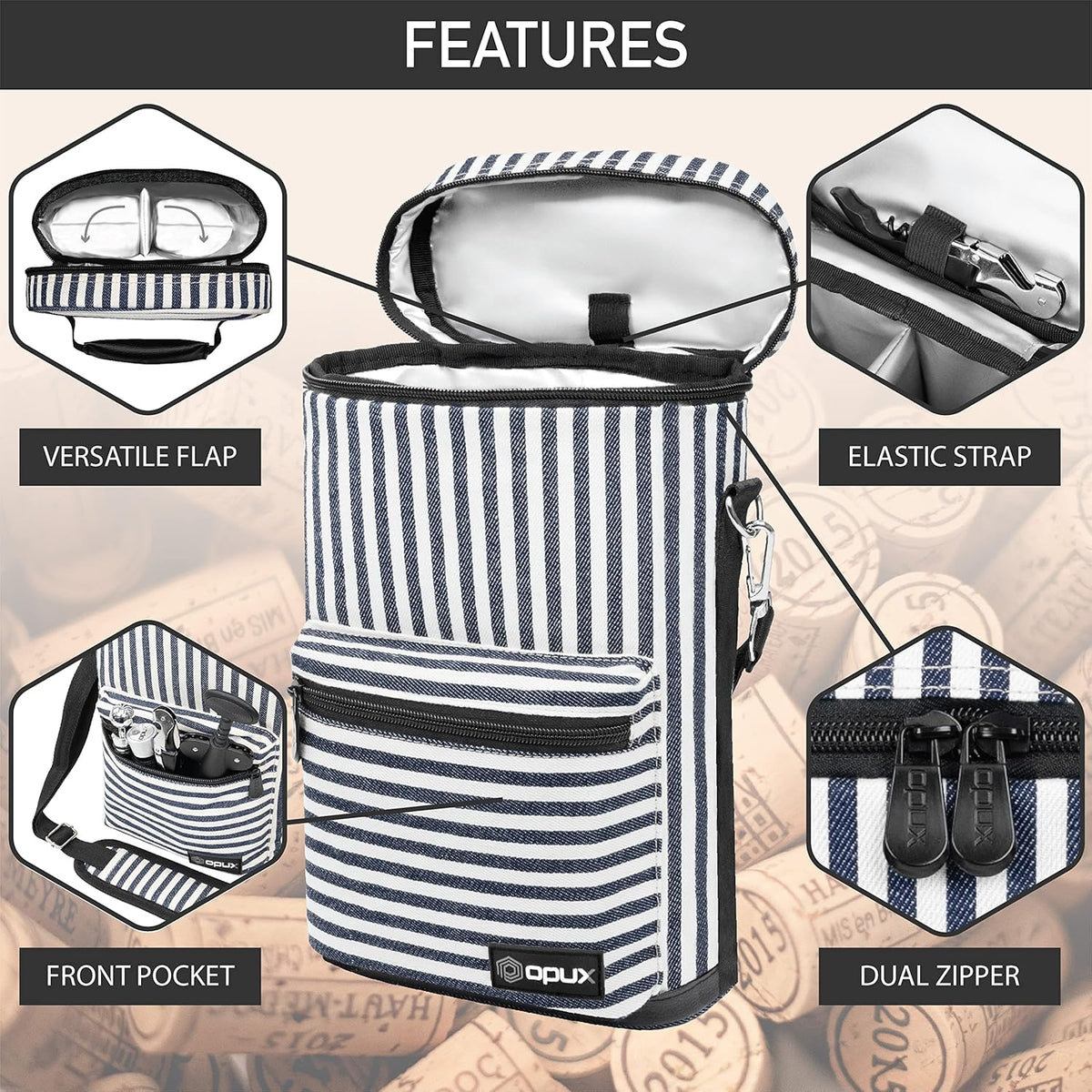 opux Wine Bag 2 Bottle Wine Tote Carrier, Insulated Wine Cooler Bag for Travel Picnic, Leakproof Portable Padded Case, Wine Gifts For Women Men Wine Lovers Christmas, Navy White Stripes
