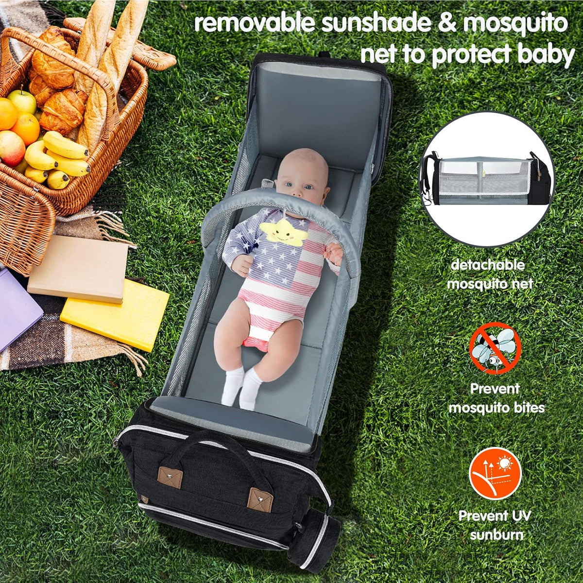 DERJUNSTAR Baby Diaper Bag Backpack, Diaper Changing Station, Baby Bags for Boys Girls,Waterproof Changing Pad,USB Charging Port,Pacifier Case, Sunshade and Toy Bar,