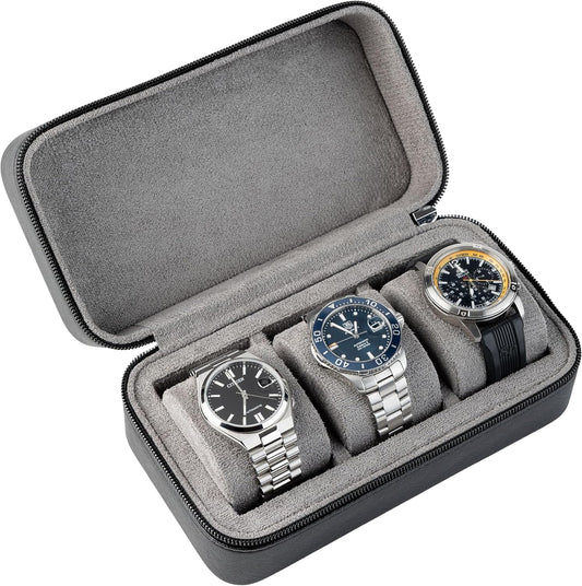 Watch Travel Case for Men | Leather Watch Case with 3 Slots | Perfect Travel Watch Organizer | Portable Watch Carrying Case for Men (Black/Grey)