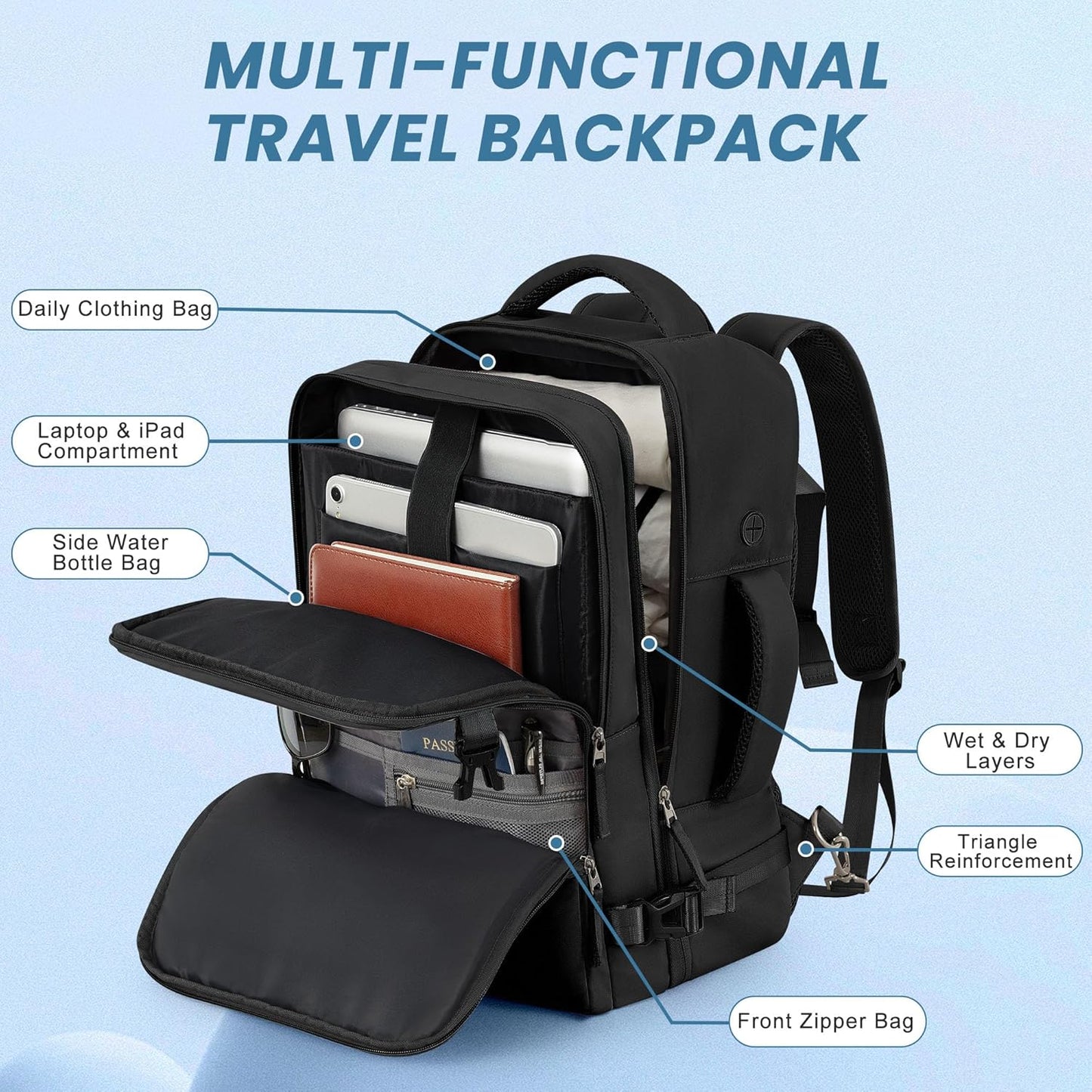 Travel Backpack, Carry on Flight approved Travel Bag with Multi-Pockets, Waterproof 17.3inch Laptop Backpack for Men Women, Black