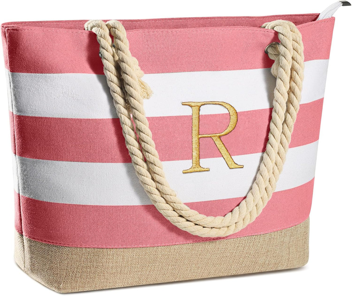 YOOLIFE Initial Canvas Waterproof Beach Tote Bag Zipper Personalized Gifts for Women Her Birthday Travel Beach Essential
