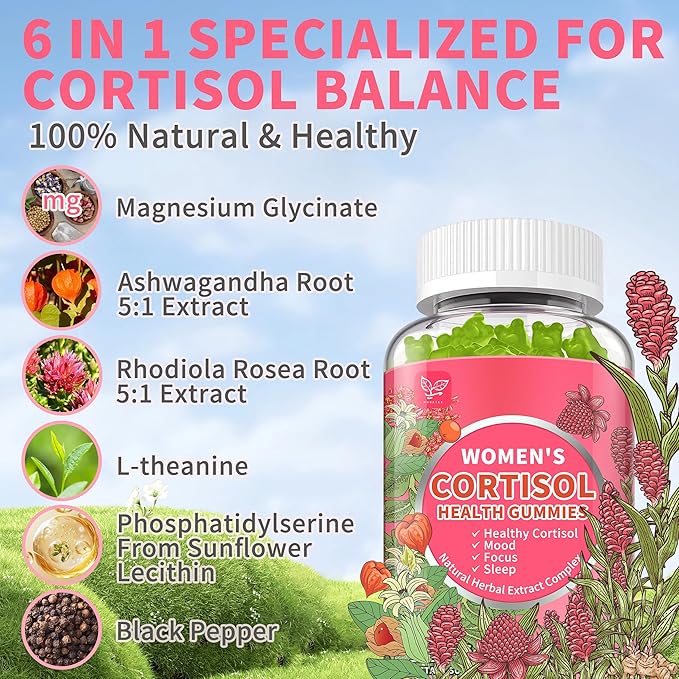 (2 Pack) Cortisol Gummies for Women,Cortisol Manager with Ashwagandha,Magnesium,L-theanine,Phosphatidylserine,Rhodiola Rosea,Black Pepper for Mood Support,Sleep,Apple Flavor,60 Day Supply